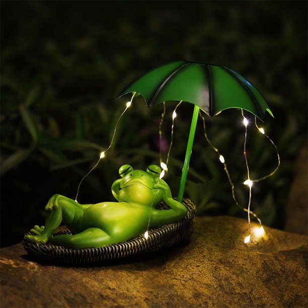 Estatuas de estanque de paraguas de rana Solar, estatua de rana Solar bonita de resina, luz para exteriores
