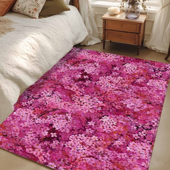 Area Rug for Living Room, Pink Cherry Blossom Non-Slip Indoor Large Carpet for Bedroom/Dining Room, Spring Flowers Modern Abstract Art Washable Low-Profile Rectangle Floor Mat Runner Rugs - 3 x 5 Ft