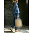 thumbnail image 4 of Women's 2 Piece Outfit, Crew Neck Lantern Long Sleeve Ruffle Hem Top & Elastic Cuff Jogger Pants Linen Look Casual Loungewear Set, 4 of 5