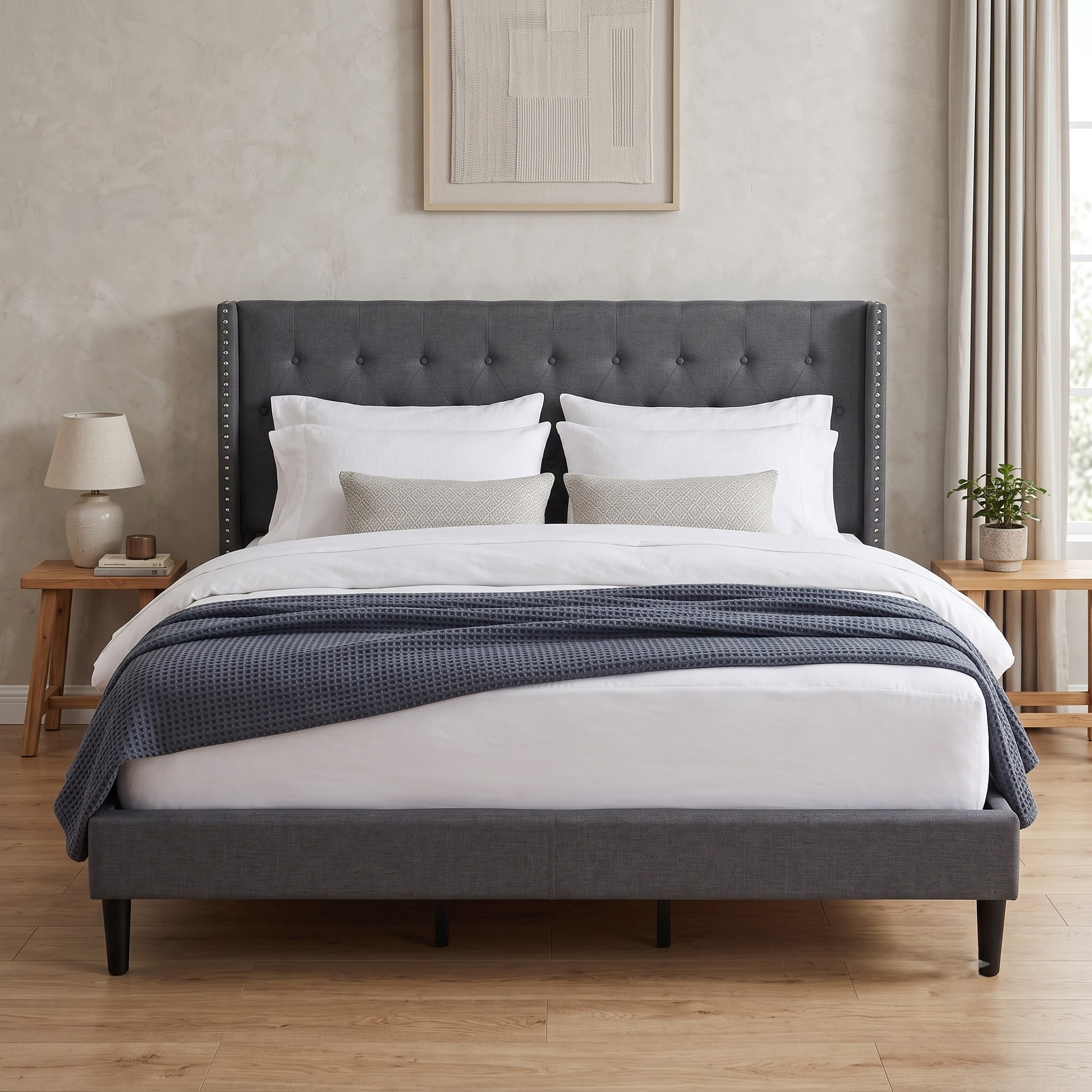 FAVEROR Carlisle King Tufted Upholstered Wingback Platform Bed