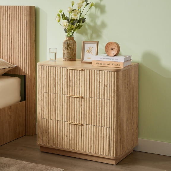 Noble House 3-Drawer Dresser, 27.6" Modern Curved Wave Chest for Bedroom or Living Room, Oak