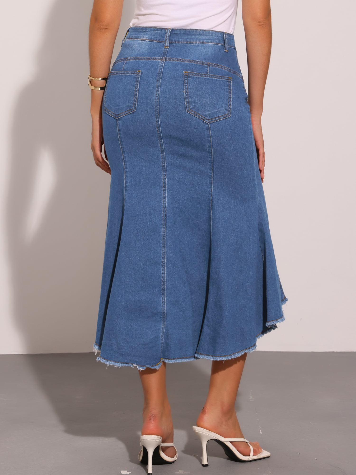 DARING DIVA Women's Raw Hem Fishtail Midi Skirt with Pockets XS Medium Blue