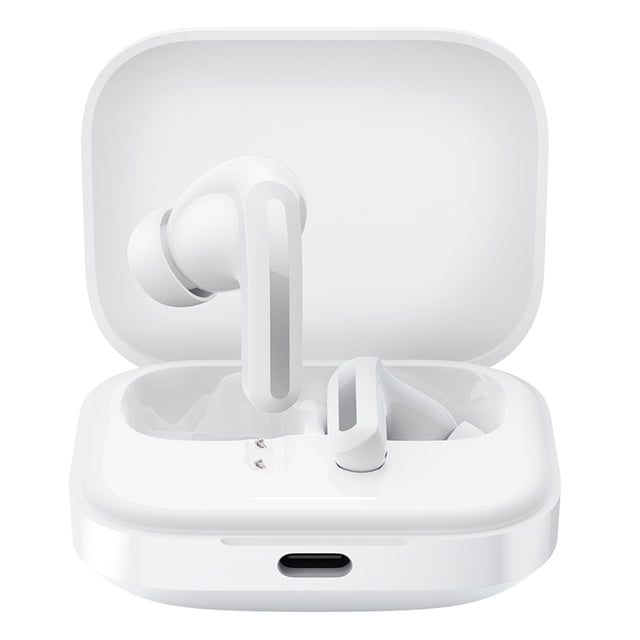 audifonos xiaomi redmi buds 5 Blanco, estuche de carga abierto con auriculares in-ear de vástago en vista frontal; acabado brillante blanco, conectores de carga y puerto USB-C visibles. Reducción de ruido hasta 46 dB, 3 modos de transparencia y 4 ajustes de ecualizador; tamaño compacto apto para guardarlos en bolsillos o estuche de viaje.