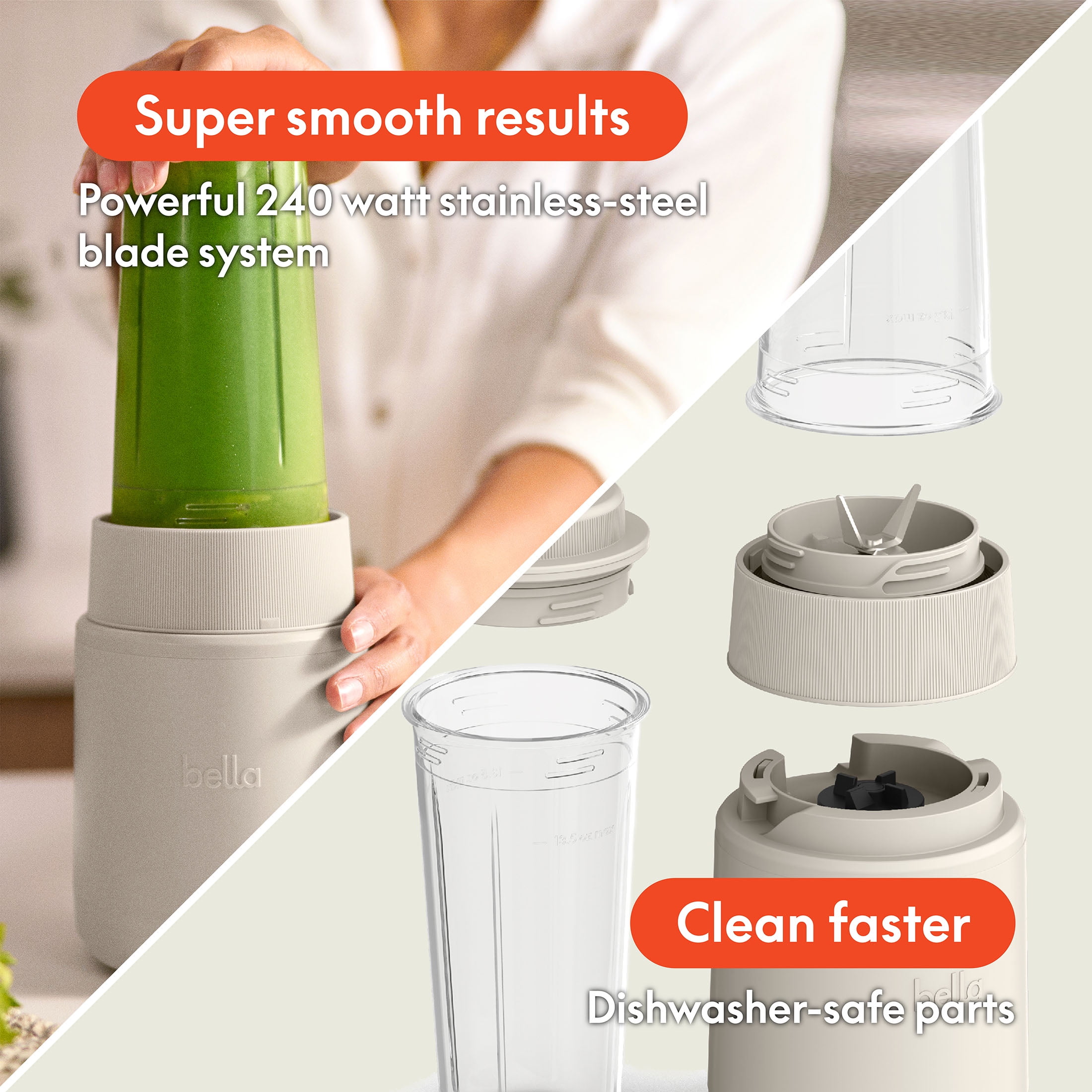 bella 6-Piece Portable Rocket Blender, Personal Smoothie Maker with Durable Stainless Steel Blades, Oatmilk