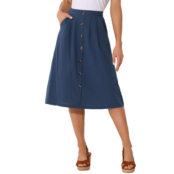 INSPIRE CHIC Midi Skirts for Women Casual High Elastic Waist Button Pleated a Line Skirts Dress with Pockets