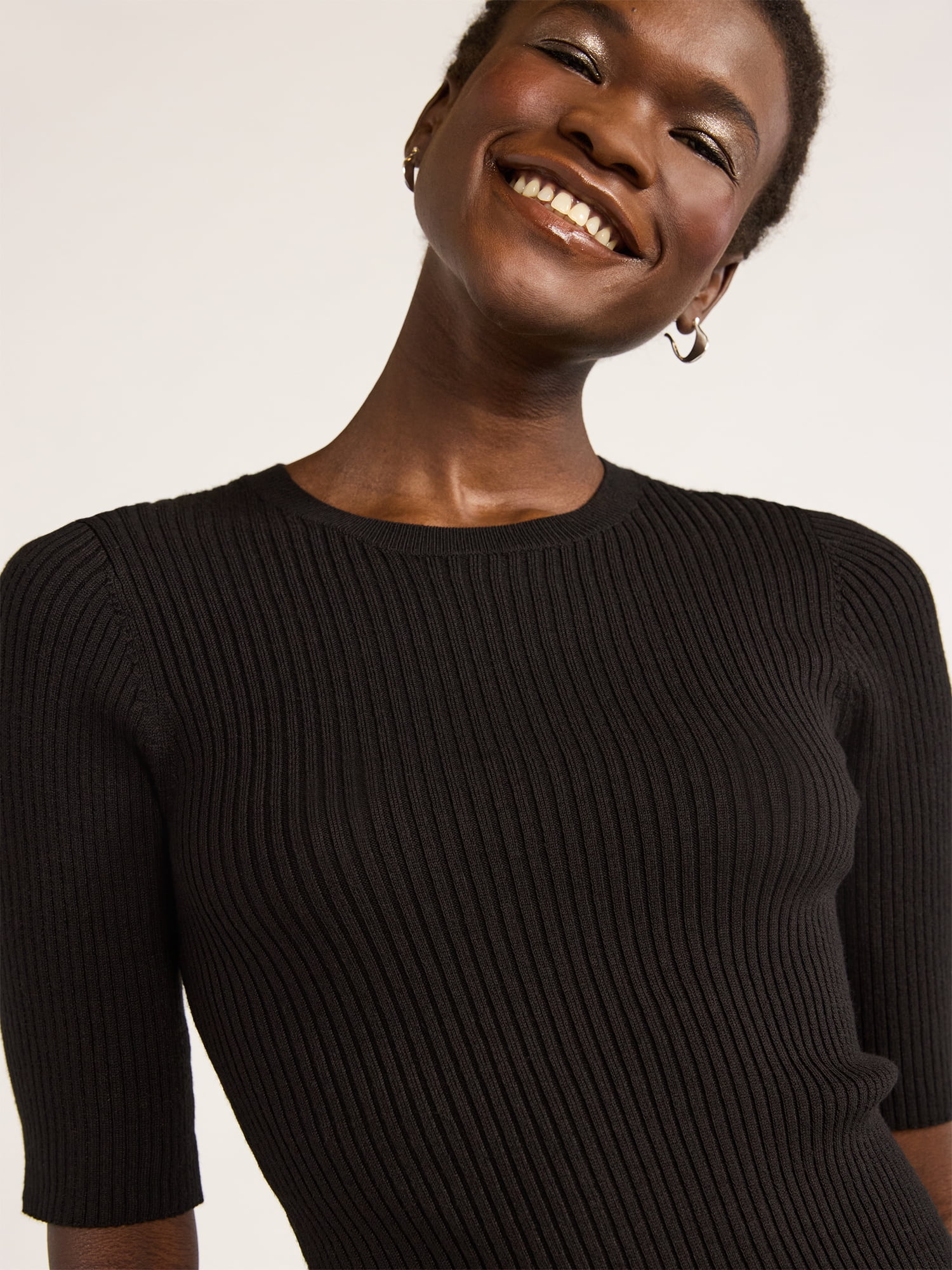 Scoop Women's and Women's Plus Rib Knit Sweater with Elbow Length Sleeves, Lightweight, Sizes XS-4X