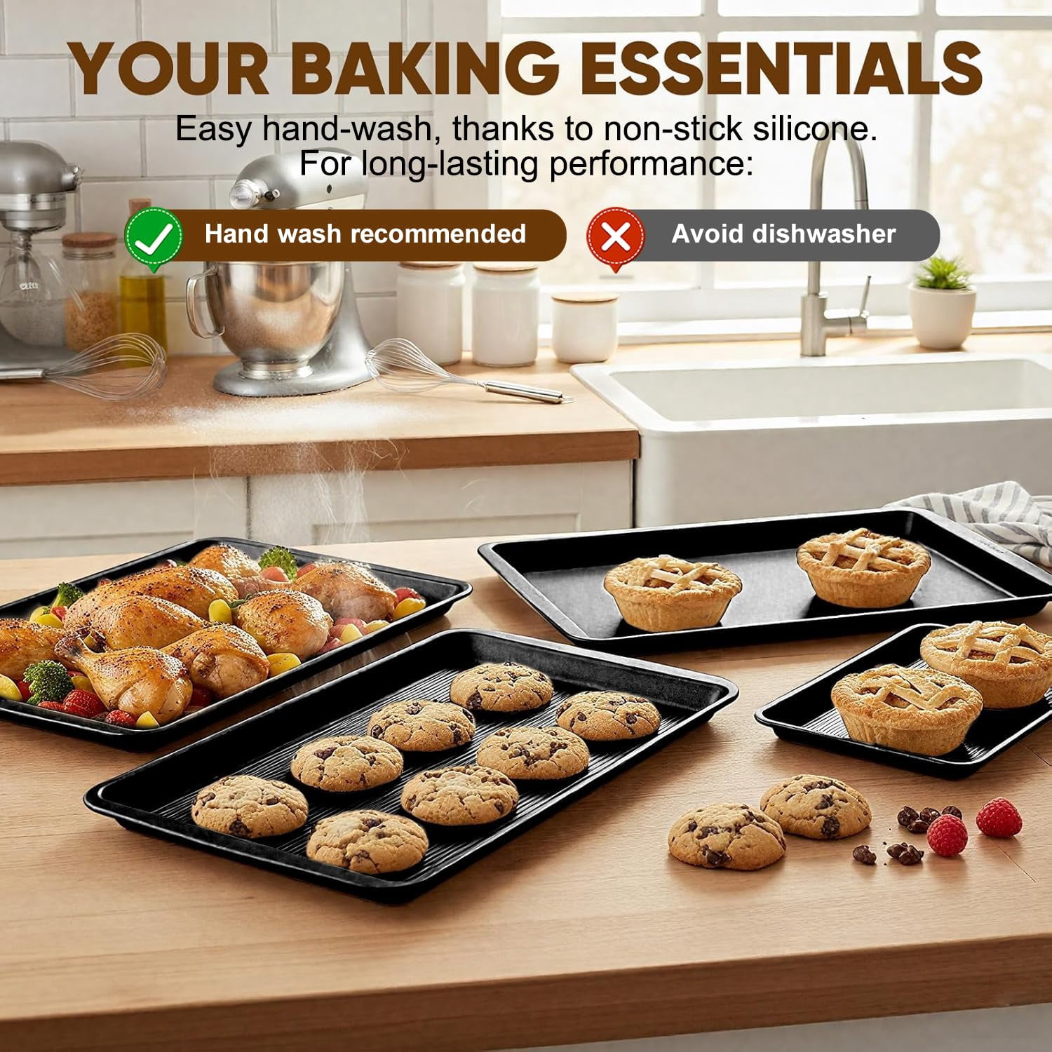 Nonstick Baking Sheet Pan Set Of 3  Heavy Duty Cookie Sheets For Oven With Stripe Texture Pattern 0.6mm Thick Quarter/half/jelly Roll Pans Rust-resistant & Easy Clean (black)