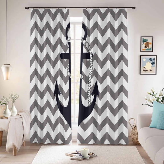 Grey Zigzag Blackout Curtains for Bedroom/Living Room, Pinch Pleated Black Out Curtains, Coastal Nautical Anchor Stripes Room Darkening Window Drapes with Hooks 2 Panels, 39"x70"