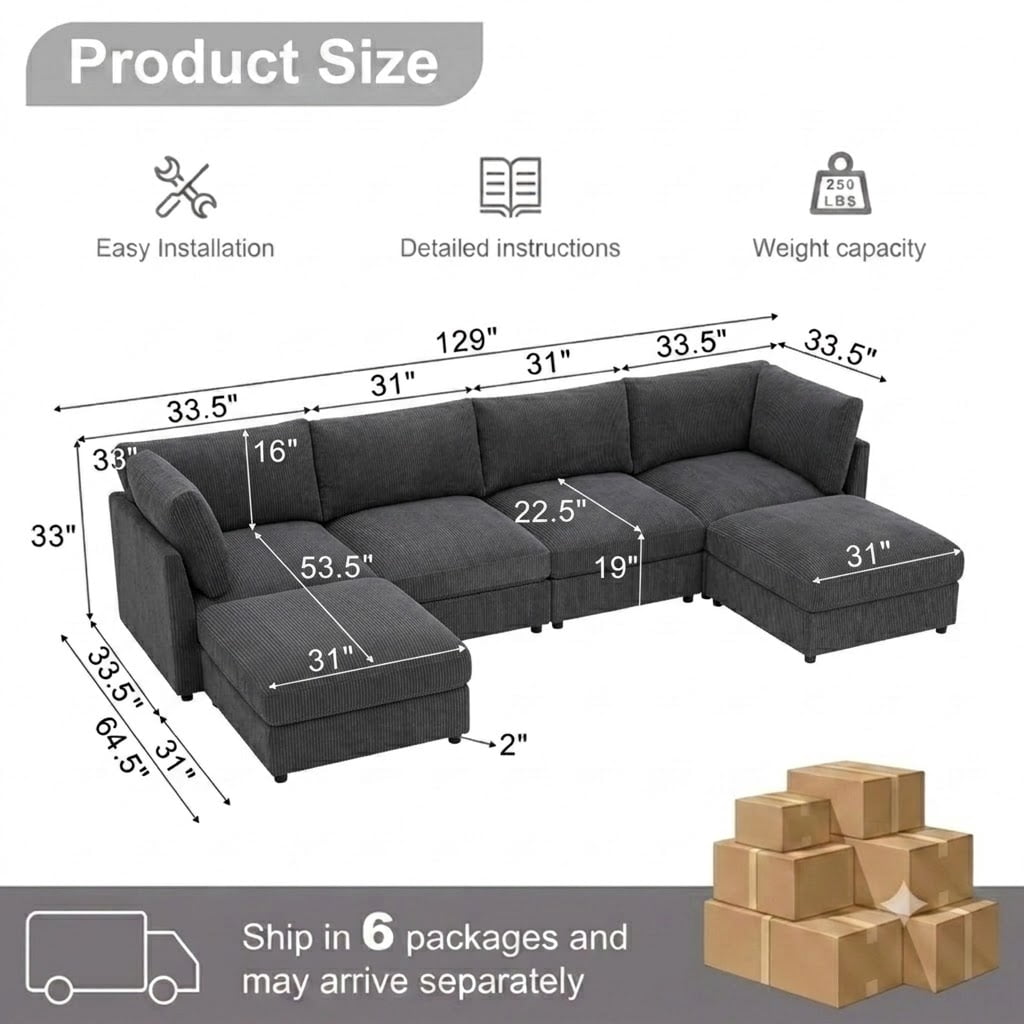 Howcool Cloud Couch Modular Sectional Sofa 6 Seat 129" L Shaped Reversible Convertible Couch, Corduroy Thick Cushion with Movable Ottomans, Washable Removable Cover for Living Room,Black