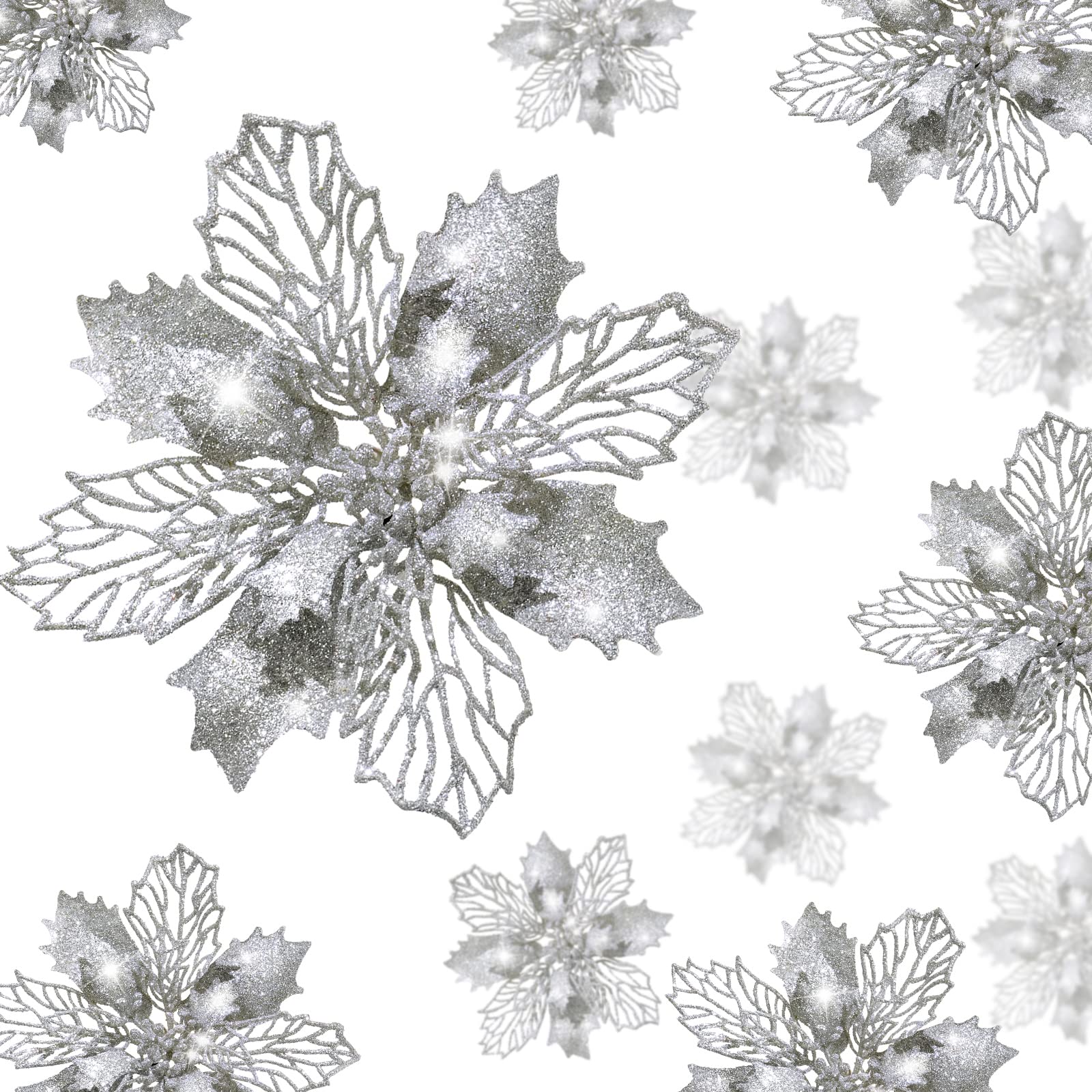 24*Glitter Poinsettia Flowers Christmas Tree Flowers,Silver