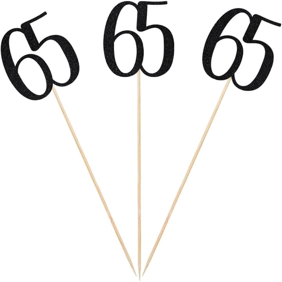 Black Glitter 65th Birthday Centerpiece Sticks, 12-Pack Number 65 Table Topper Anniversary Party Decorations