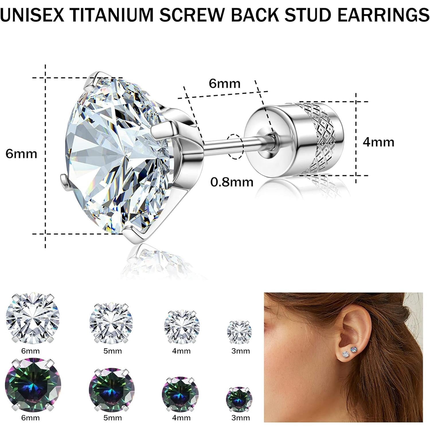 Jstyle Titanium Stud Earrings for Men Women, Studs Hypoallergenic, G23 Titanium Earrings for Sensitive Ears, Titanium Screw Back Earrings Round Cut CZ Stud Earrings Surgical Steel