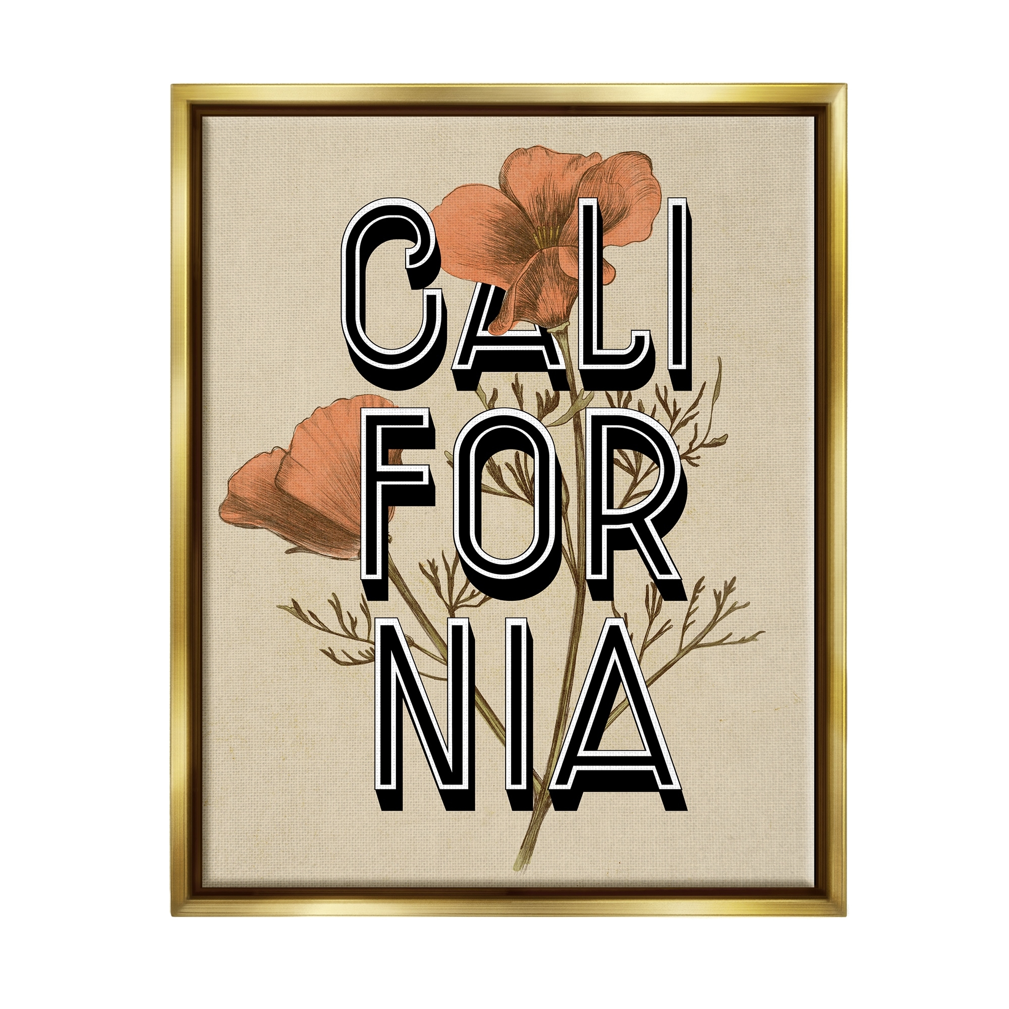 Stupell Industries California State Floral Typography Poppy Sprig Blossom Graphic Art Metallic Gold Floating Framed Canvas Print Wall Art, Design by Daphne Polselli