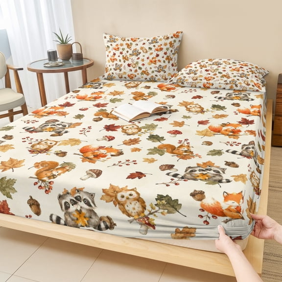 Queen Size Fitted Sheet Set - Squirrel Fall 3 Piece Bedding Sets 16" Deep Pocket Fitted Sheet with 2 Pillowcases, Beige Mushroom Maple Leaves Thanksgiving Brushed Microfiber Hotel Luxury Bed Sheets