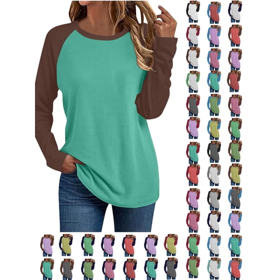 Xaqiouau Women's Raglan Sleeve T-Shirt Long Sleeve Crew Neck Colorblock Baseball Tee Casual Soft Stretchable Top Spring Fall Everyday Wear Mint Green S