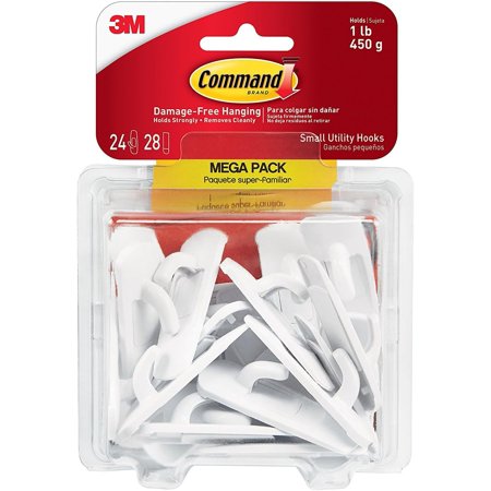 Command Small Utility Hooks, Damage Free Hanging Wall Hooks with Adhesive Strips, No Tools Wall Hooks for Hanging Organizational Items in Living Spaces, 24 White Hooks and 28 Command Strips