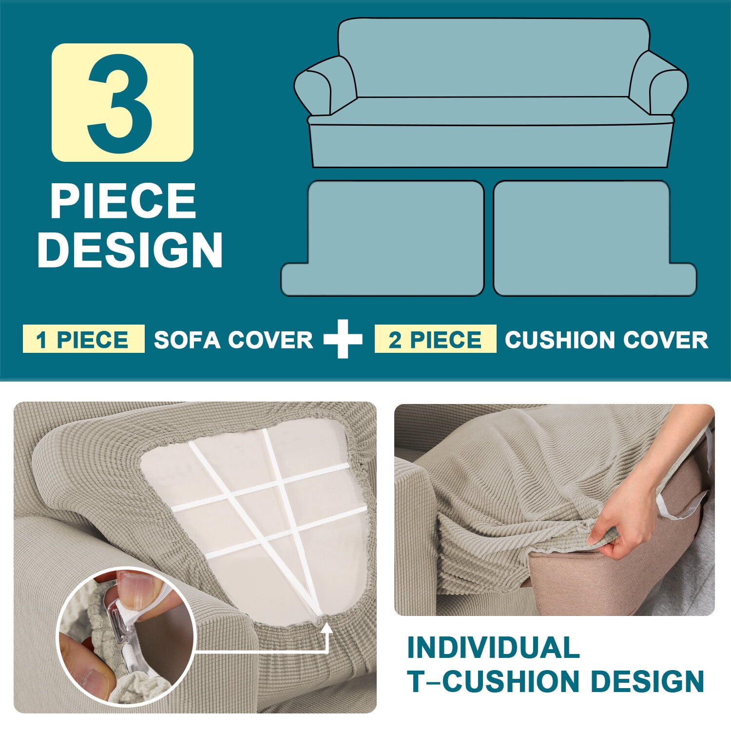 H.VERSAILTEX 3 Pieces Checkerboard Slipcovers Stretch with 2 Individual T Cushion Covers for Living Room(2 Cushion Loveseat, Island Fossi)