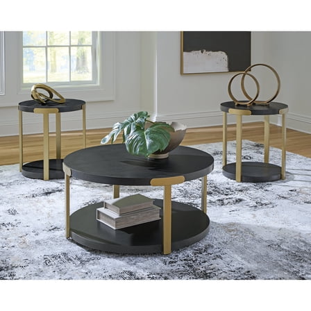 Signature Design by Ashley Shylore Occasional Table Set, Coffee Table and 2 End Tables, Black Wood Grain with Goldtone Metal