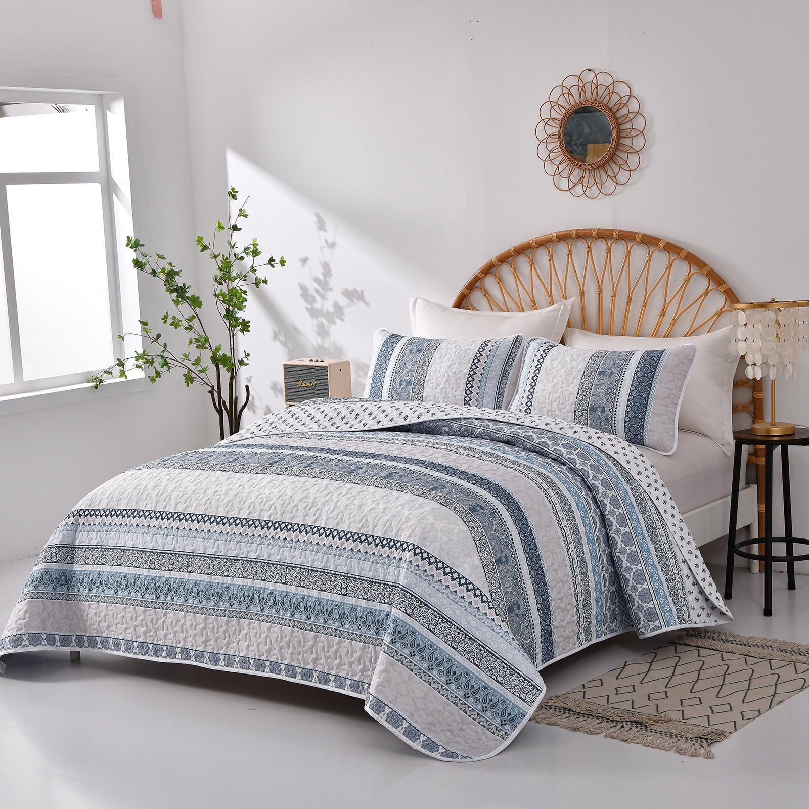 Dintszyayue Bohemian Quilt Set King Size, 3 Pcs Stripe Bedding Sets Lightweight Adult(90"x110")