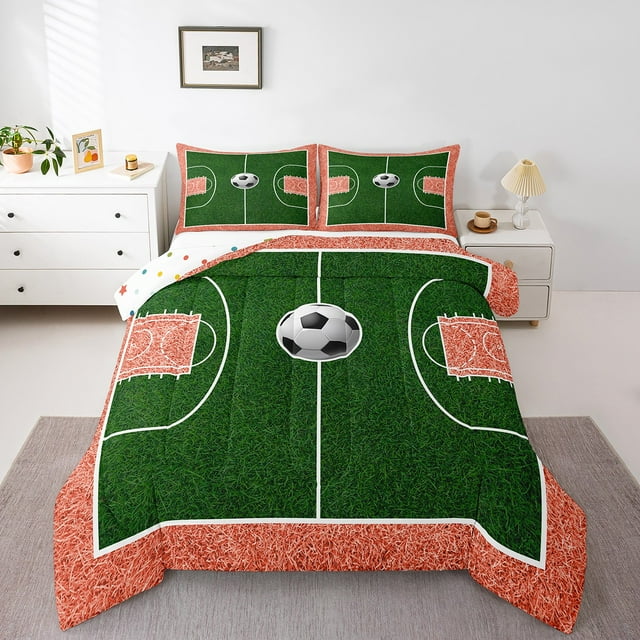 YST Courtepointe de Soccer Grand Lit Ensemble de Literie de Soccer pour Enfants Ensemble de Douillette de Sports de Jeu pour Garçons Filles Literie à Thème Ballon Terrain Ensembles de Douillette Vert Terrain Housse de Couette