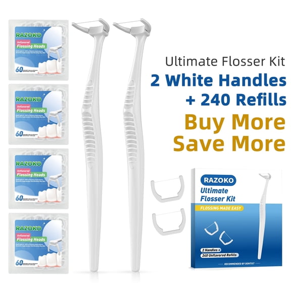 RAZOKO Reusable Dental Flosser Kit with 2 White Handles and 240 Refill Heads, Extra Strong Shred-Resistant Floss