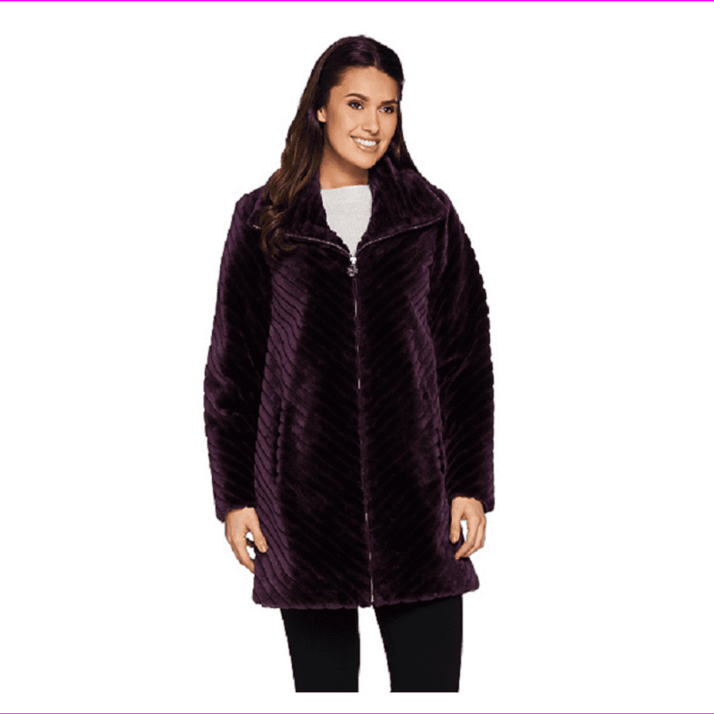 Dennis Basso - Dennis Basso Chevron Grooved Faux Fur Coat with Collar, Size XS, MSRP $192 