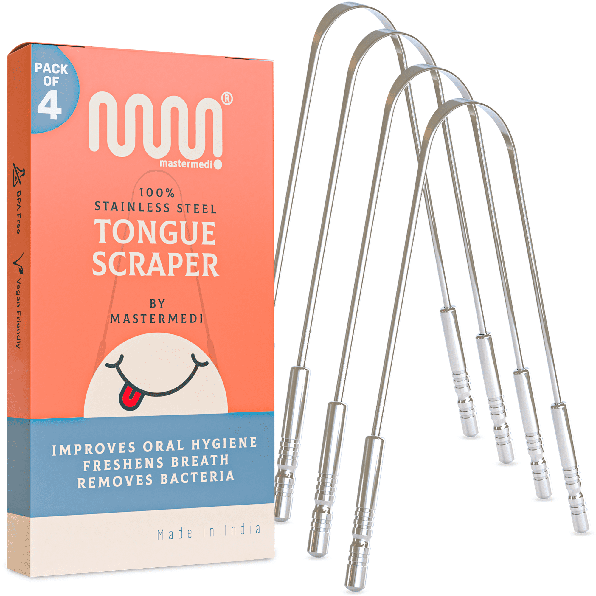 MasterMedi 4 Pack Tongue Scraper, Bad Breath Treatment for Adults & Kids, Medical Grade 100