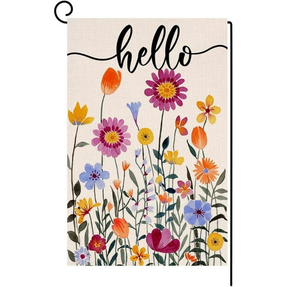 Hello Spring Floral House Flag 28 x 40 Vertical Double Sided Colorful Flowers Summer Farmhouse Holiday Outside Decorations Burlap Yard Flag BW257-40