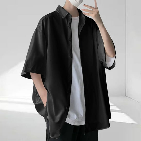 Styesk T Shirts for Man Men's Fashionable Casual Solid Color Button Short Sleeve Turndown Collar Top