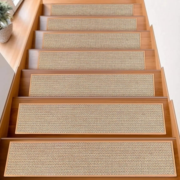 Firefly Hope 7 Pcs 30"8" Linen Non-Slip Stair Treads, Upgraded Peel and Stick Self-Adhesive Reusable Runner Rugs for Indoor Wooden Steps, Safety for Dogs & Elderly, Beige