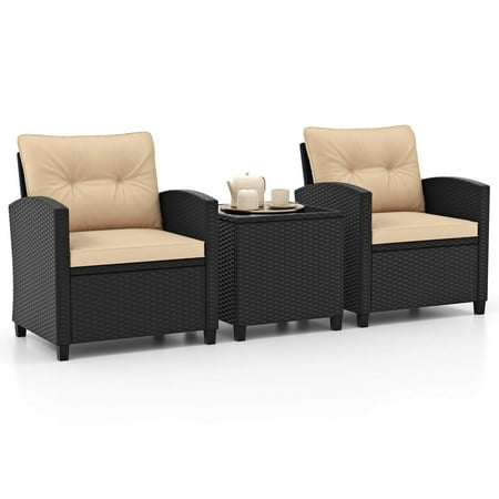 Costway 3 PCS Patio Furniture Set with Tempered Glass Coffee Table Washable Cushions - Beige,Black