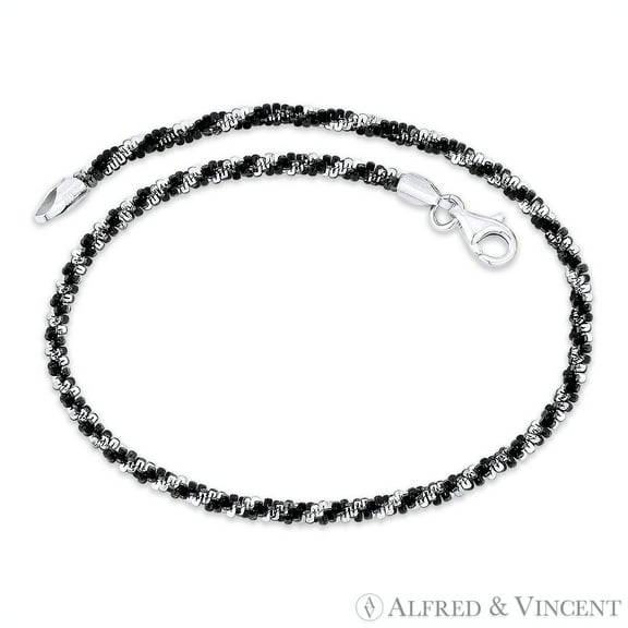 2.5mm (G050) Roc Link Italian Chain Anklet in 2-Tone .925 Sterling Silver w/ Black Rhodium