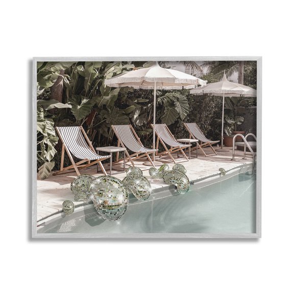 Stupell Industries Disco Balls at Pool Nature Painting Gray Framed Art Print Wall Art, 20 x 16