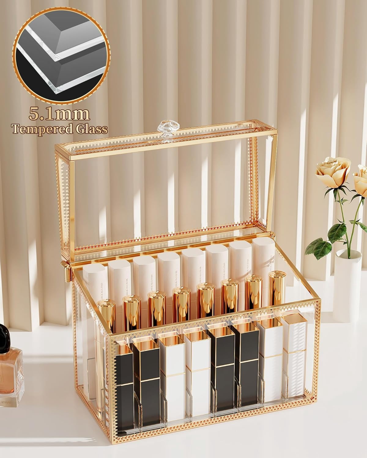 Lipstick Organizer Holder - 24 Spaces, Tempered Glass Lip Gloss and Perfume Organizer,Vanity Lipstick Holder and Organizer.