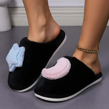 

Daznico Women Slippers Star Moon Cotton Slippers Girl s Home Indoor Plush Slippers Cute Plush Slippers Slippers For Women Shoes(Color:Black Size:6.5)