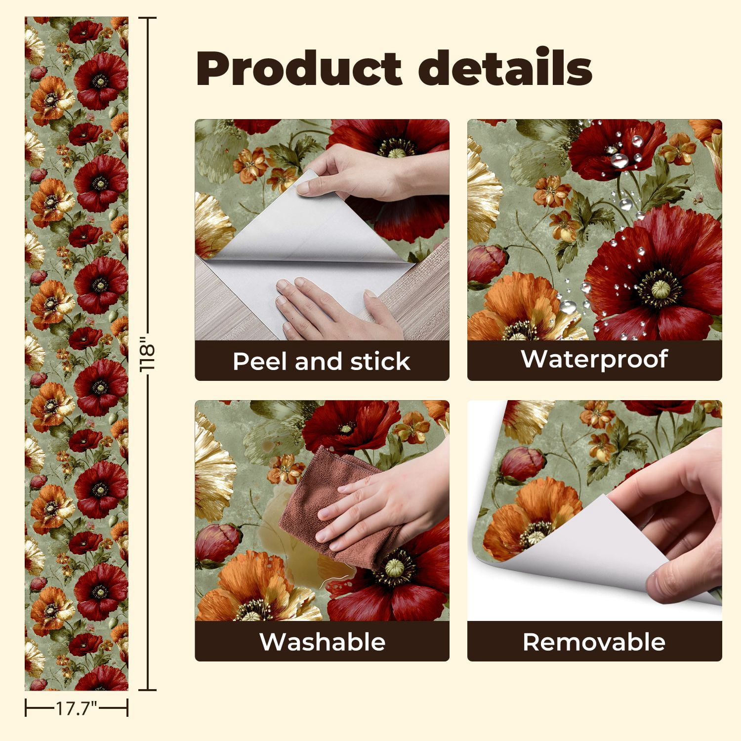 Vintage Peel and Stick Wallpaper Vintage Botanical Print Red Orange Cream Poppies Bloom Wall Mural 17.7in x 9.8ft Self Adhesive Removable Wall Paper Floral Contact Paper for Nursery Bedroom Cabinets