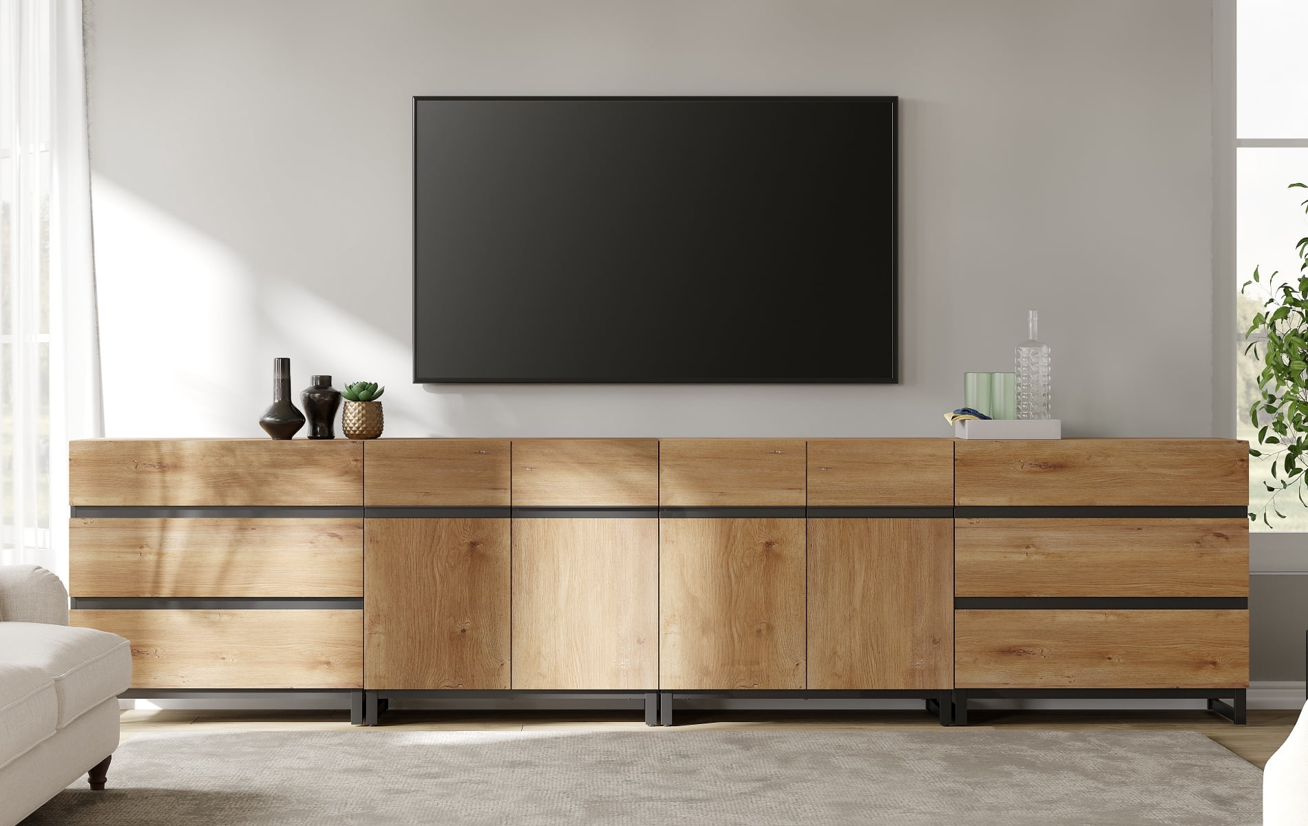 Modern TV Stand For Tvs Up To 120 Inches, 4-In-1 Entertainment Console With 6 Drawers And Adjustable Shelves, Media Cabinet For Living Room Or Bedroom,Oak