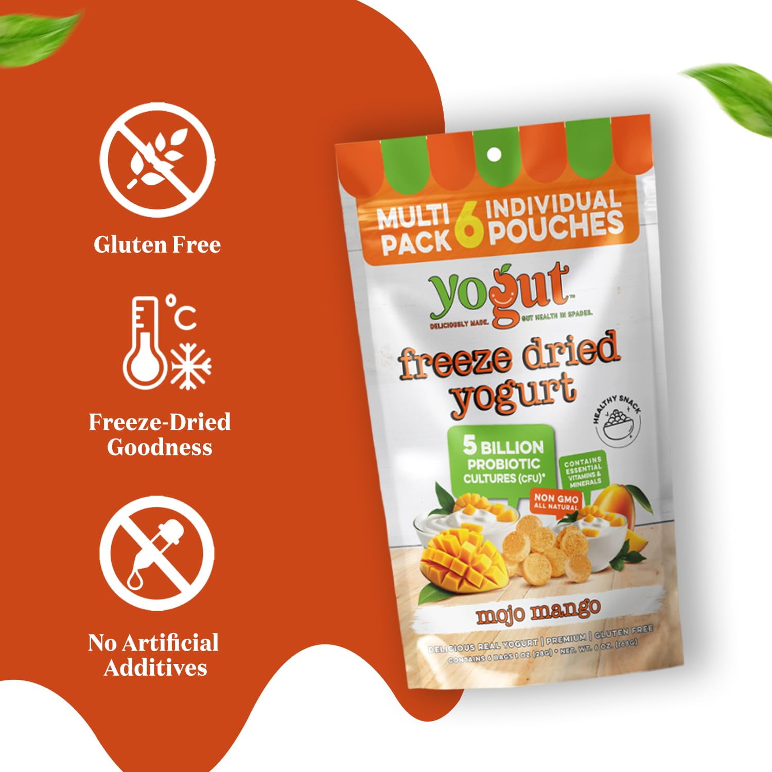 YoGut Freeze Dried Yogurt Snack Mango, 6 Pack, Crunchy Texture, Gluten Free, Non GMO, Probiotic Healthy Snack for Kids & Adults