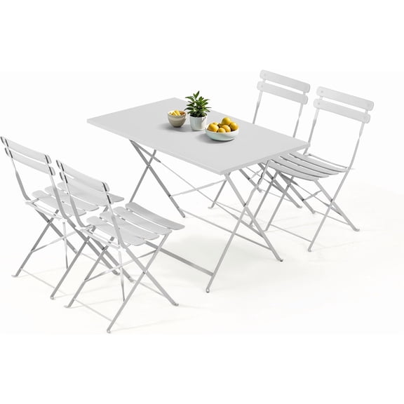 MELLCOM 5-Piece Foldable Patio Dining Set with Rectangular Table and Chairs, Weather-Resistant Iron Outdoor Dining Set for 4 People, Outdoor Table and Chairs for Patio, Yard, Indoor, White