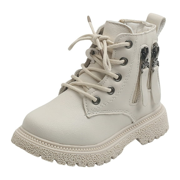 Girls Combat Boots Furry Lined Warm Winter Snow Booties Fashion Lug Sole Waterproof Leather Zipper Ankle Boots Beige 10 Little Kids