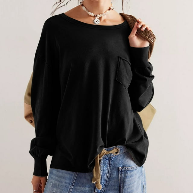 DPTALR Blouses à Manches Longues et Col Rond pour Femmes, Coupe Ample, avec Poche
