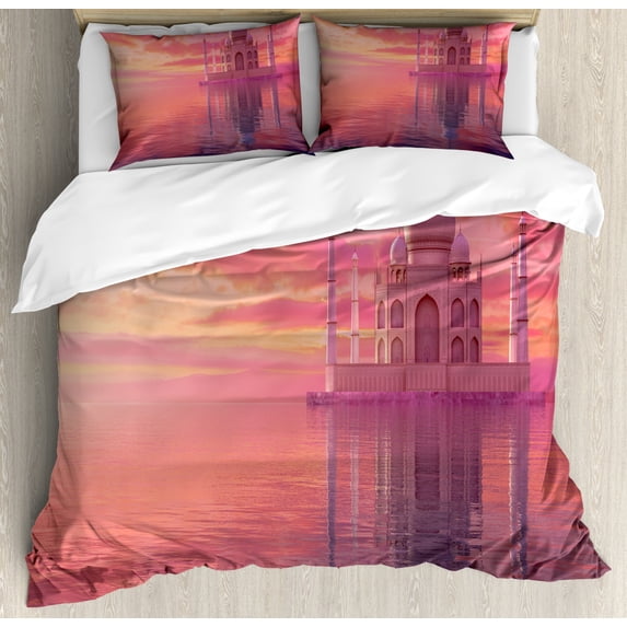 Travel Duvet Cover Set King Size, Romantic Display of the Famous Taj Mahal Monument with a Tangerine and Pink Tone Sky, Decorative 3 Piece Bedding Set with 2 Pillow Shams, Multicolor, by Ambesonne
