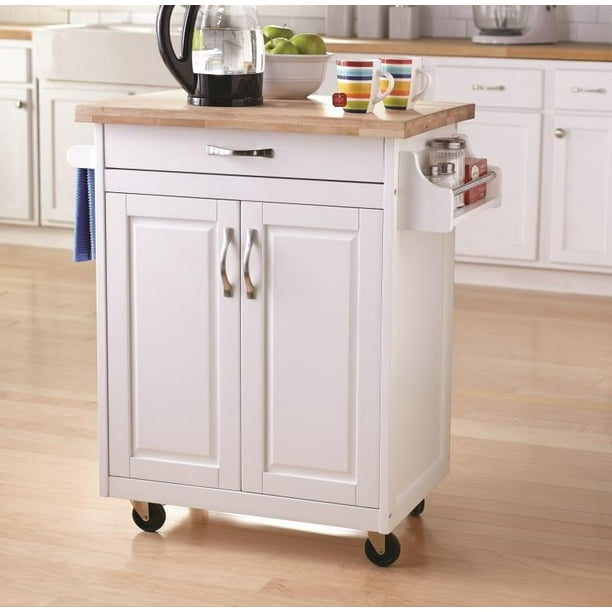 white kitchen cart with butcher block top