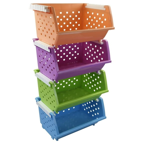 4-Pack Colorful Plastic Stackable Kitchen Storage Basket, Stacking Organizer Bin