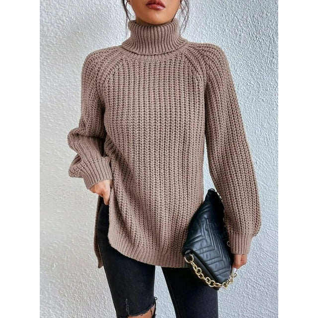 Vêtements pour Femmes Automne et Hiver, Chandail à Manches Longues raglan, Col Montant Fendu, Robe Chandail pour Femmes