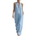 thumbnail image 4 of Beach Vacation Jumpsuits for Women Halter Neck Sleeveless Linen Rompers Summer Travel Wide Leg Jumpsuit Light Blue, 3XL, 4 of 7