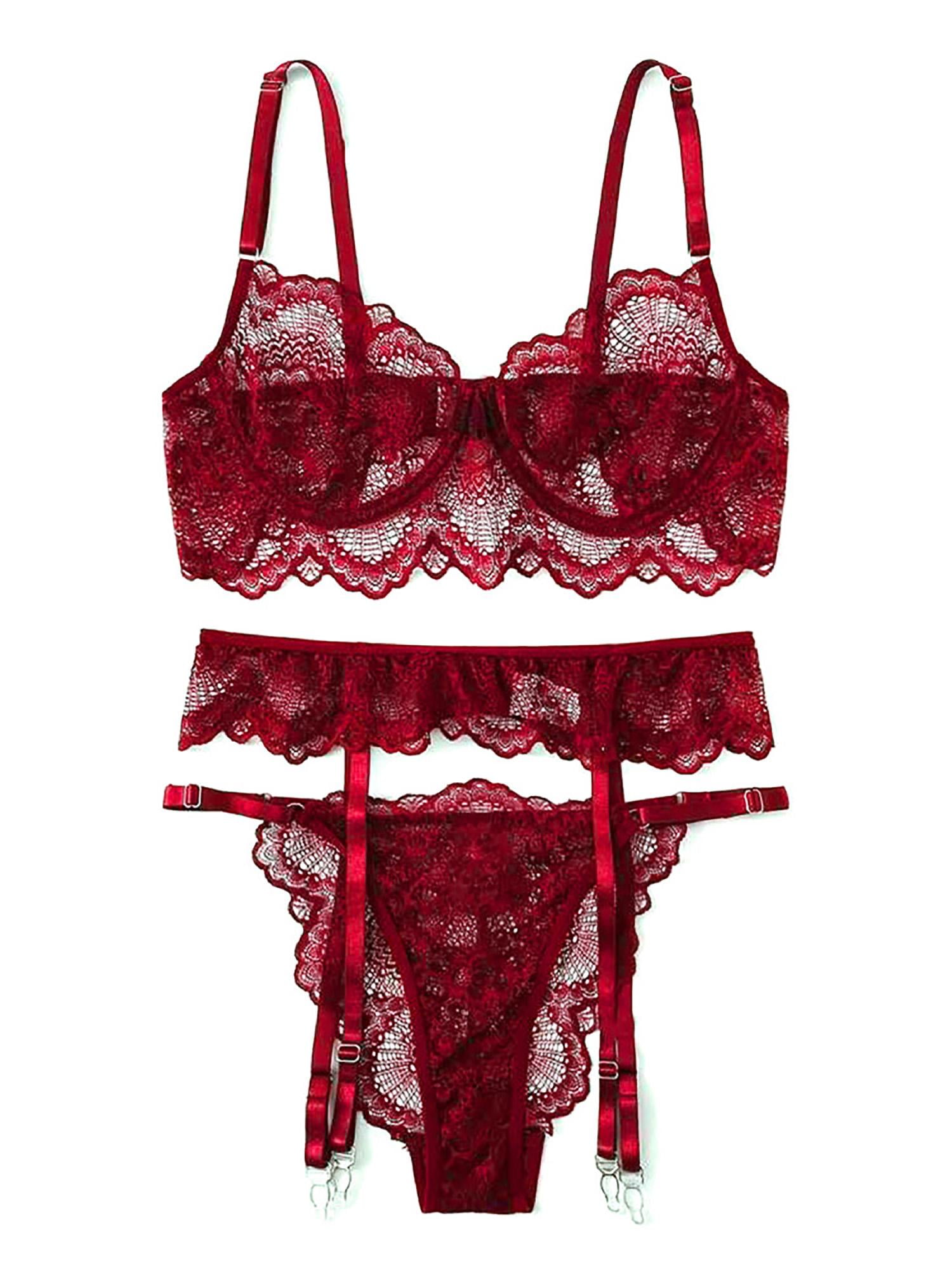 Red Floral Lace Bilizna Set Back Sexy Intimate Valentines Wedding