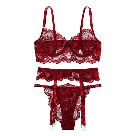 

JustVH Women s Floral Lace Backless Three-Piece Lingerie Set with Garter Belts Sexy Bra Panty and Waistband