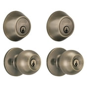 Brinks Keyed Entry Classic Ball Style Doorknob and Deadbolt Combo, Antique Brass Finish, Twin Pack