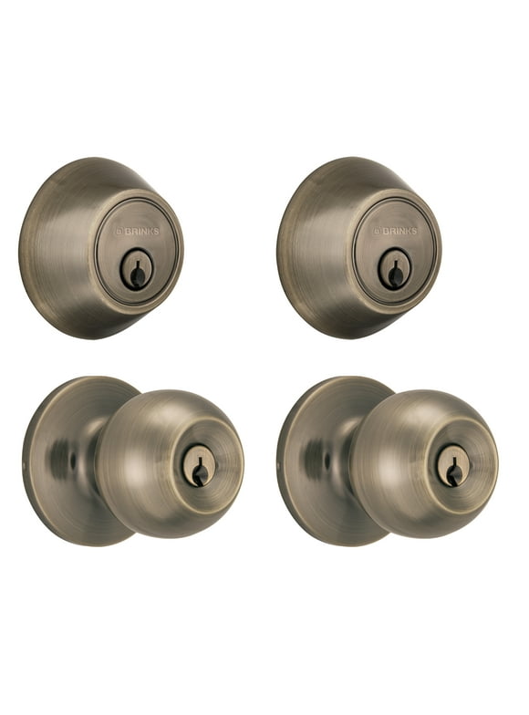 Brinks Keyed Entry Ball Style Doorknob and Deadbolt Combo, Antique Brass Finish, Twin Pack